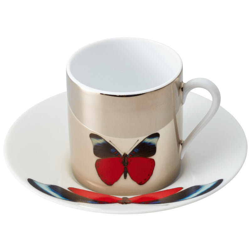 Espresso Cup Platinum Mirror and Saucers Red Butterfly