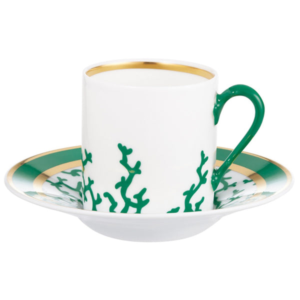 Cristobal Emerald espresso cup and saucer by Raynaud, Limoges porcelain with emerald coral motif and gold accents.