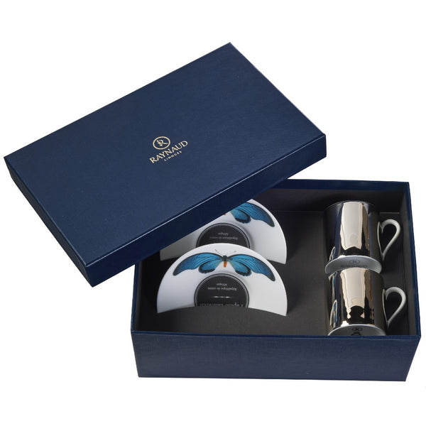 Raynaud Espresso Cup & Saucer Set Platinum Mirror & Turquoise Butterfly With Box