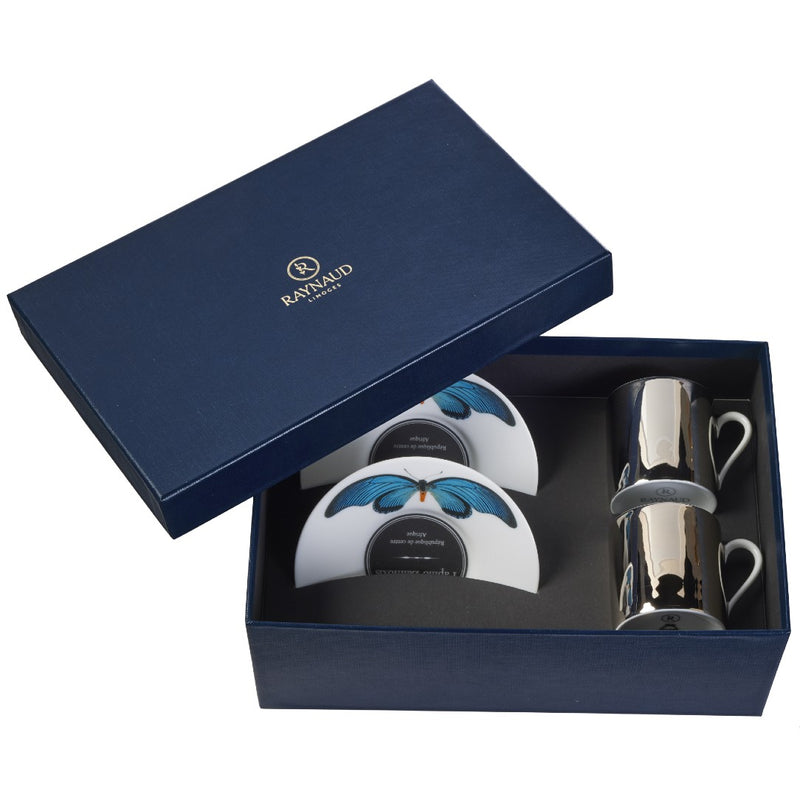 Raynaud Espresso Cup & Saucer Set Platinum Mirror & Turquoise Butterfly With Box