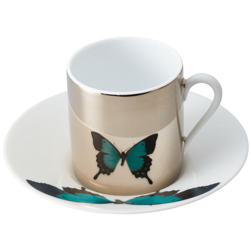 Set of 2 Espresso Cups Platinum Mirror and Saucers Green Butterfly