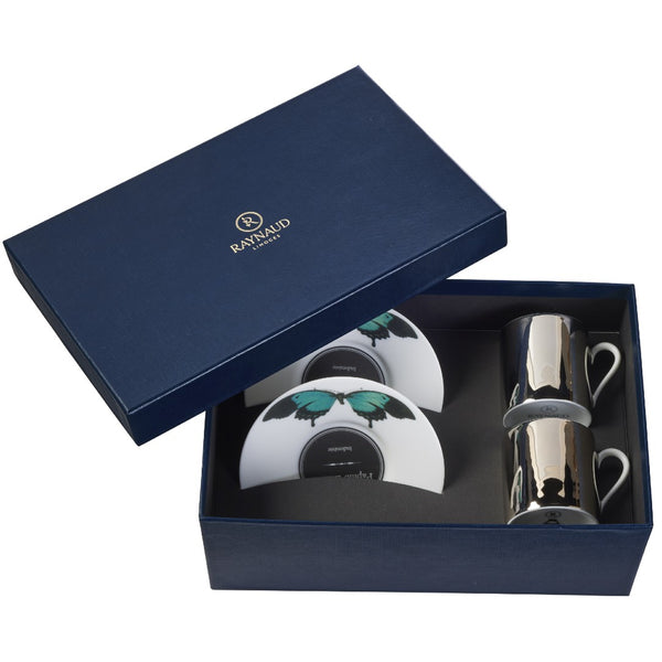 Set of 2 Espresso Cups Platinum Mirror and Saucers Green Butterfly in a Gift Box