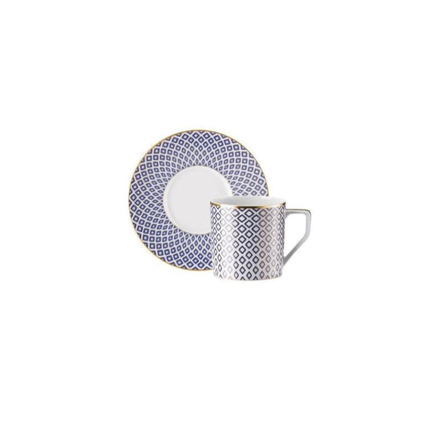 Francis Carreau Blue porcelain espresso or mocha cup with saucer featuring royal blue and gold check design by Rosenthal