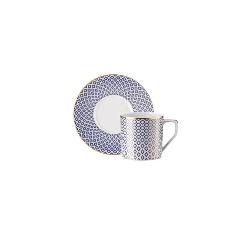 Francis Carreau Blue porcelain espresso or mocha cup with saucer featuring royal blue and gold check design by Rosenthal
