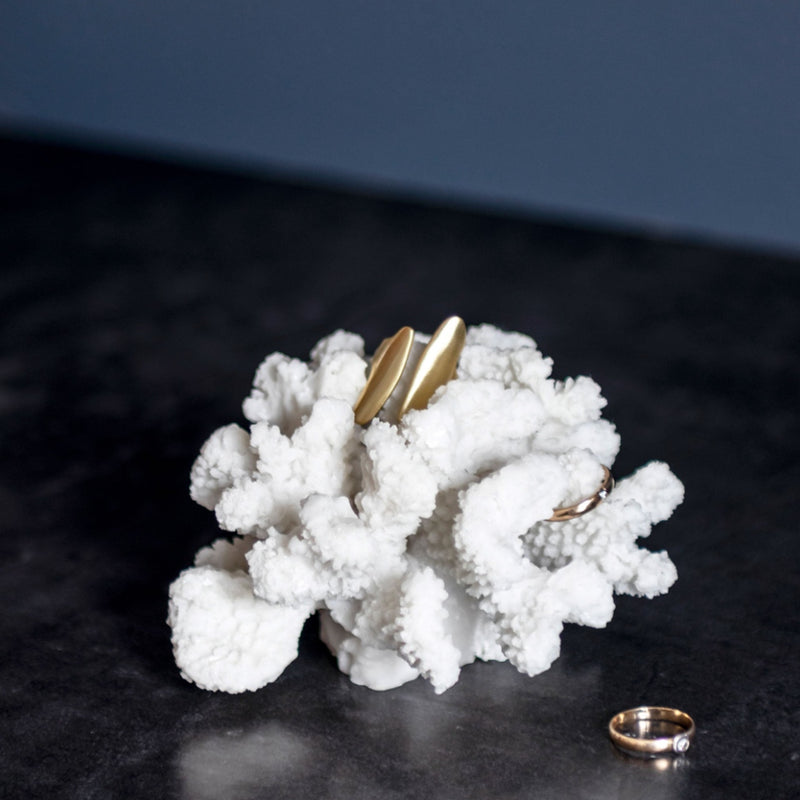 white small coral styled with ring and earrings