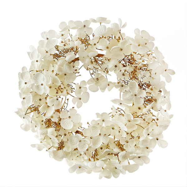 Faux hydrangea flower wreath in cream and gold, 35 cm, elegant Christmas decoration for door or festive table styling.