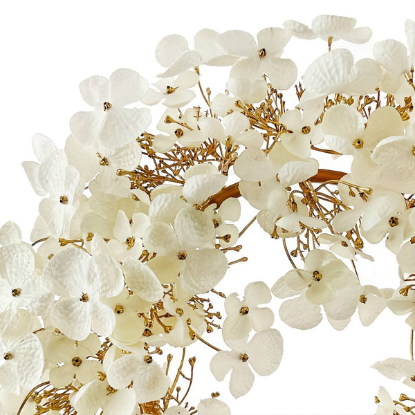 Close-up Faux hydrangea flower wreath in cream and gold, 35 cm, elegant Christmas decoration for door or festive table styling.