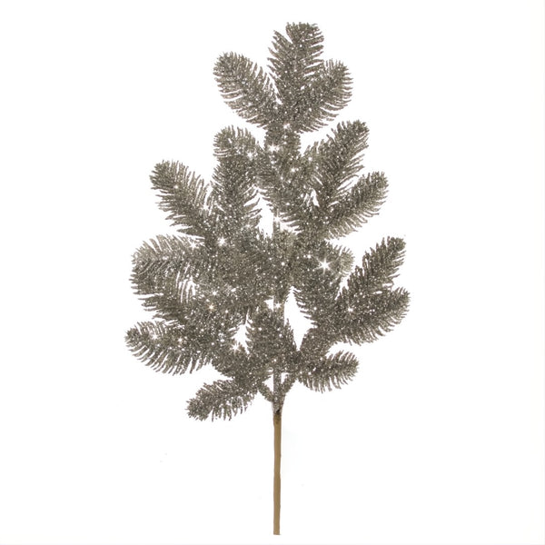 Decorative Christmas tree branch with silver glitter on a white background