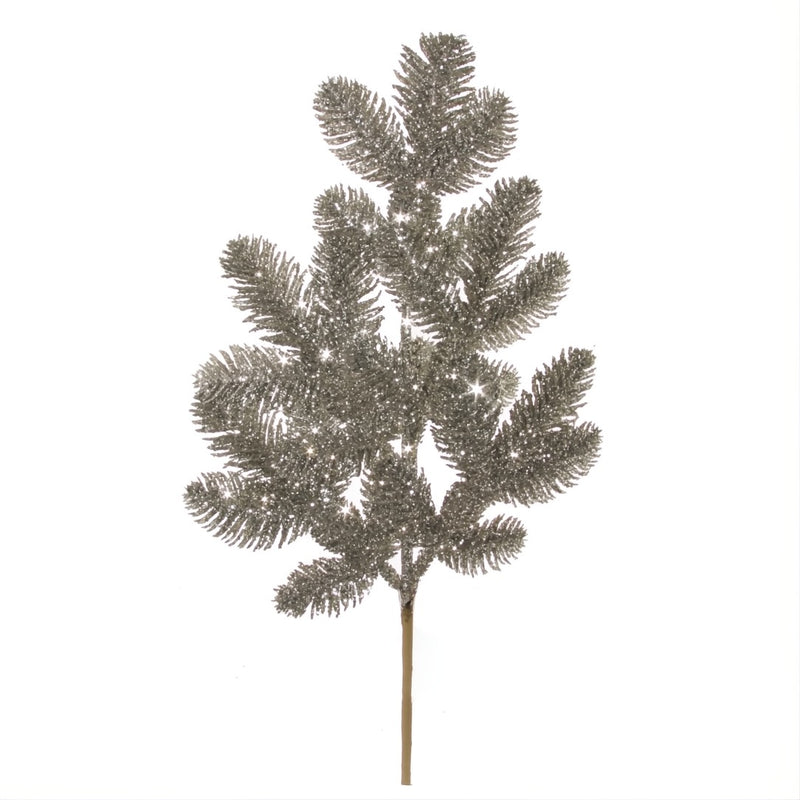 Decorative Christmas tree branch with silver glitter on a white background