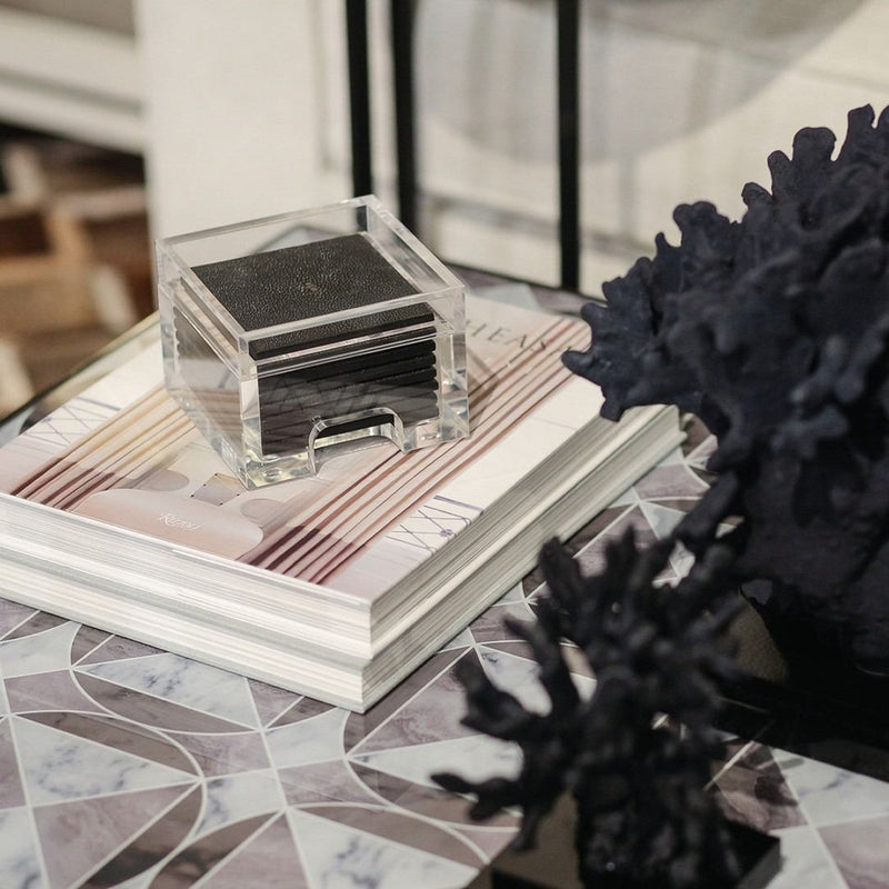 styled on coffee table Faux Shagreen coaster in chocolate by Posh Trading Company