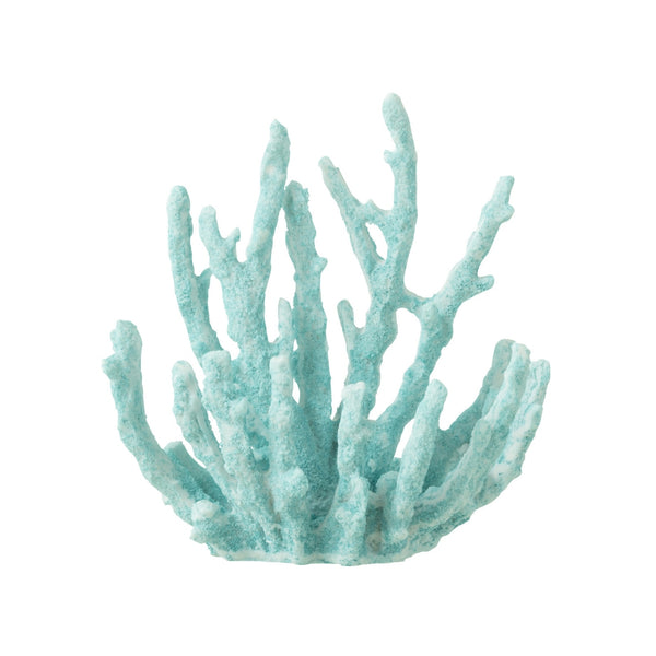 Small azure blue polyresin coral sculpture with white background