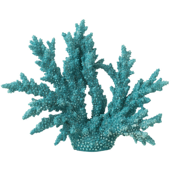 A large polyresin sculpture of coral in azure blue, with intricate details and a pointed, leaf-like structure.
