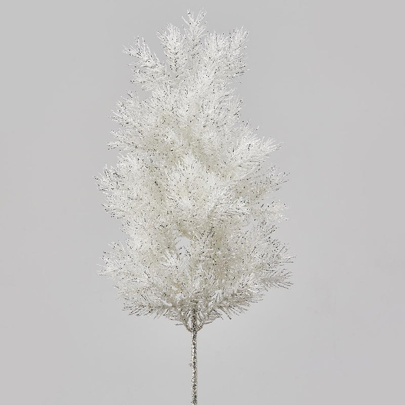 Faux white pine branch with glitter finish 62 cm, elegant Christmas decoration for festive floral arrangements and luxury interiors on a gray background