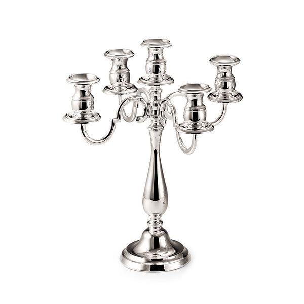 A silver-plated Greggio candelabrum with five arms and decorative cups.