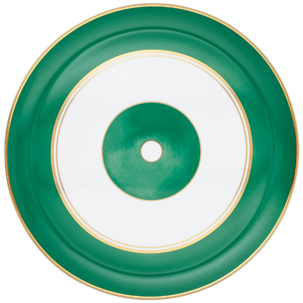 Raynaud Cristobal Emerald Flat Cake Serving Platter in Limoges porcelain with emerald green bands, central medallion, and gold rim.