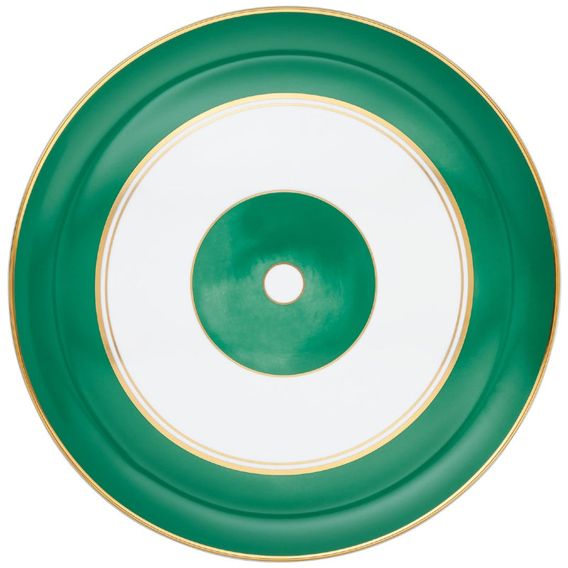 Raynaud Cristobal Emerald Flat Cake Serving Platter in Limoges porcelain with emerald green bands, central medallion, and gold rim.