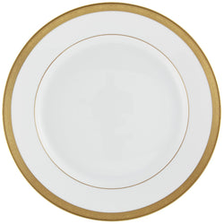 A white and gold porcelain flat chop plate with a renaissance style border and gold inlays.