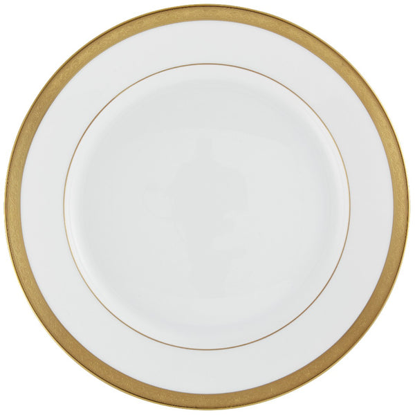 A white and gold porcelain flat chop plate with a renaissance style border and gold inlays.