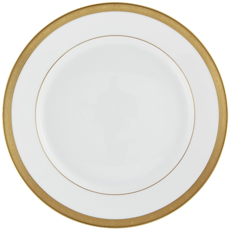A white and gold porcelain flat chop plate with a renaissance style border and gold inlays.