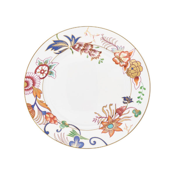 Flat Imari chop plate with multicoloured floral rim and gold edge by Raynaud
