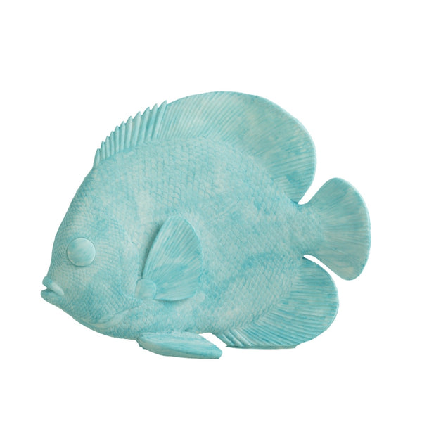 A large, azure blue polyresin flat fish sculpture.