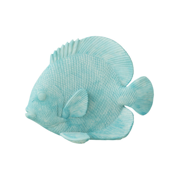 A polyresin flat fish sculpture in a azure blue color, with detailed textural elements resembling scales and fins.
