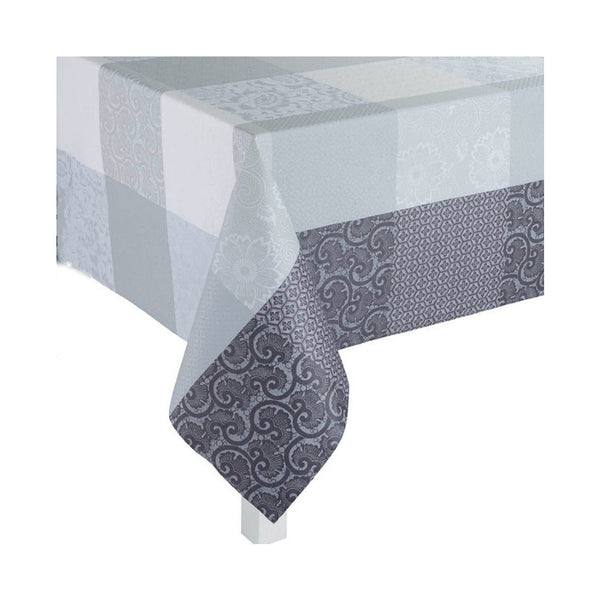 Tablecloth with gray patterned border on a white background