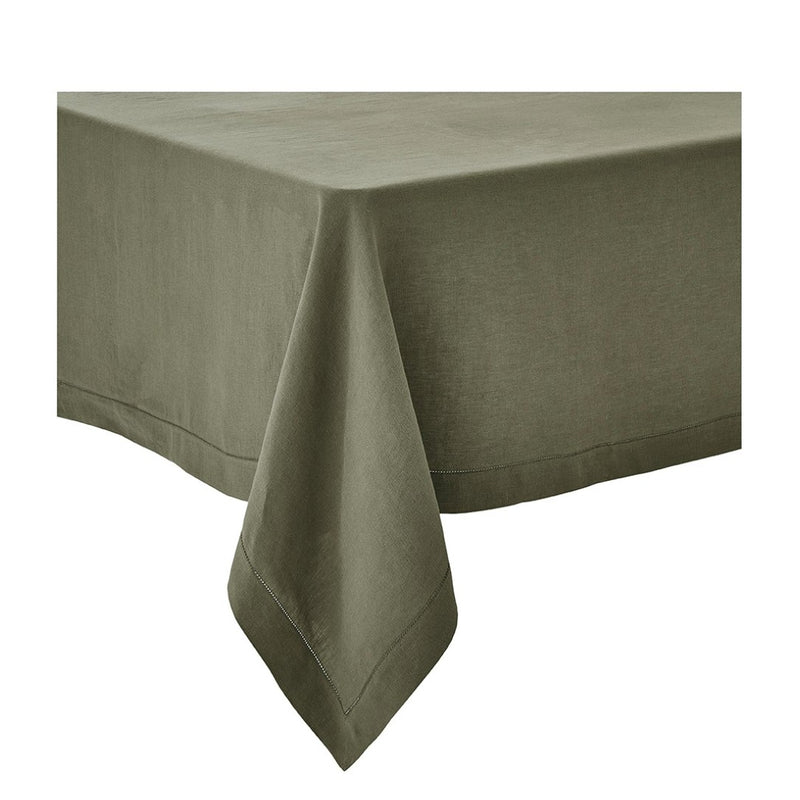 olive green tablecloth on white backround