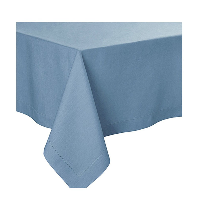 A plain dye pure linen tablecloth in Aegean blue with mitred corners and hemstitch.