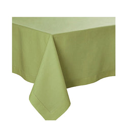 A green linen tablecloth with mitred corners and hemstitch detailing.