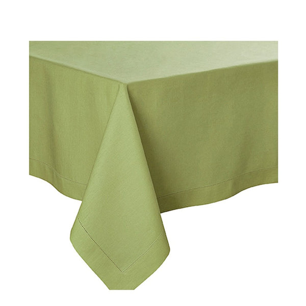 A green linen tablecloth with mitred corners and hemstitch detailing.