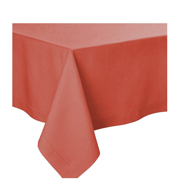 A red plain dye pure linen tablecloth with mitred corners and hemstitch.