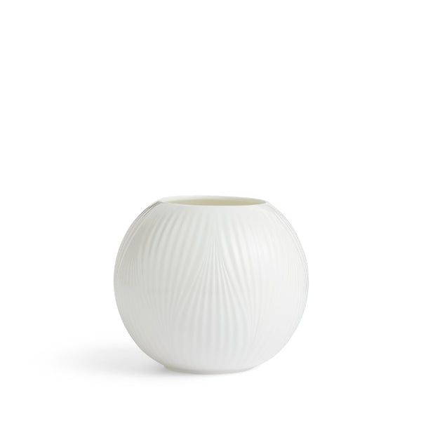 A white fine bone china vase with embossed geometric patterns on a plain background.