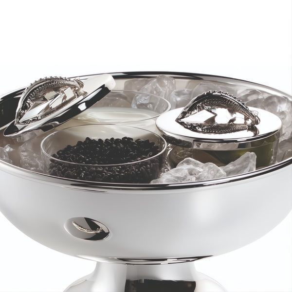 Close-up of Footed Caviar Bowl Choice with 3 crystal bowls in silver-plated finish by Sonja Quandt with caviar presentation.
