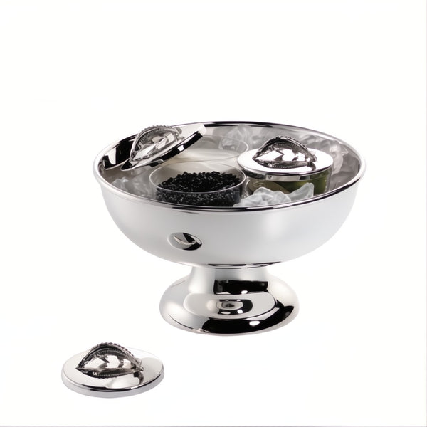 Footed Caviar Bowl Choice with 3 crystal bowls in silver-plated finish by Sonja Quandt, perfect for elegant caviar presentation.