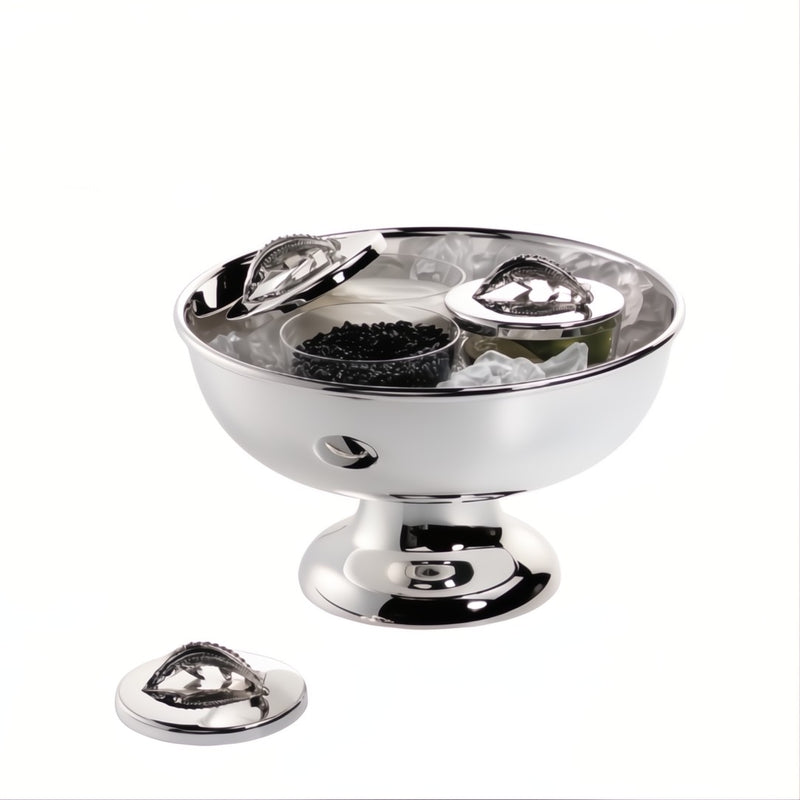 Footed Caviar Bowl Choice with 3 crystal bowls in silver-plated finish by Sonja Quandt, perfect for elegant caviar presentation.