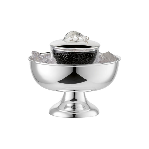 Footed silver-plated caviar bowl with inner crystal insert by Sonja Quandt