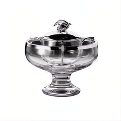 Footed Caviar Bowl in sterling silver and crystal by Robbe & Berking, featuring sturgeon finial and removable crystal insert.