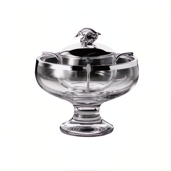 Footed Caviar Bowl in sterling silver and crystal by Robbe & Berking, featuring sturgeon finial and removable crystal insert.