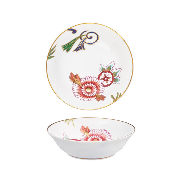 Imari fruit saucer in Limoges porcelain with cobalt blue border and soft floral watercolor motif
