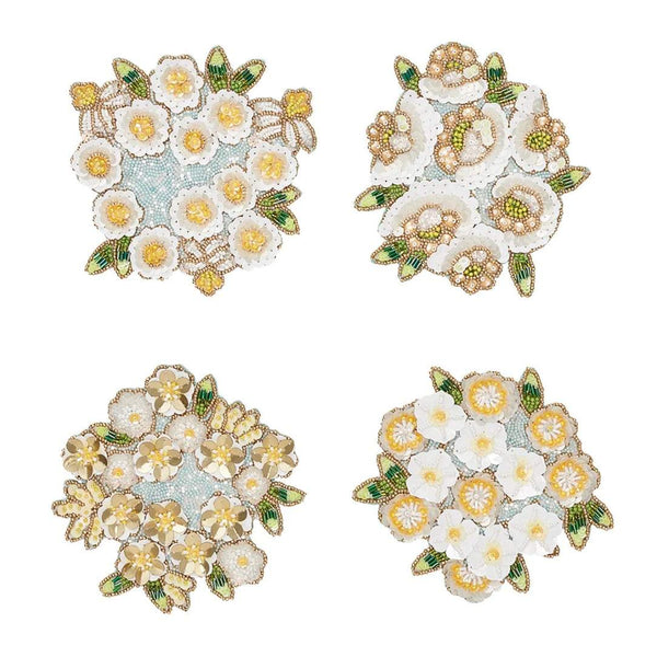 Gardenia coaster set of 4 in sky, white, and yellow by Kim Seybert, floral spring table decor in gift bag