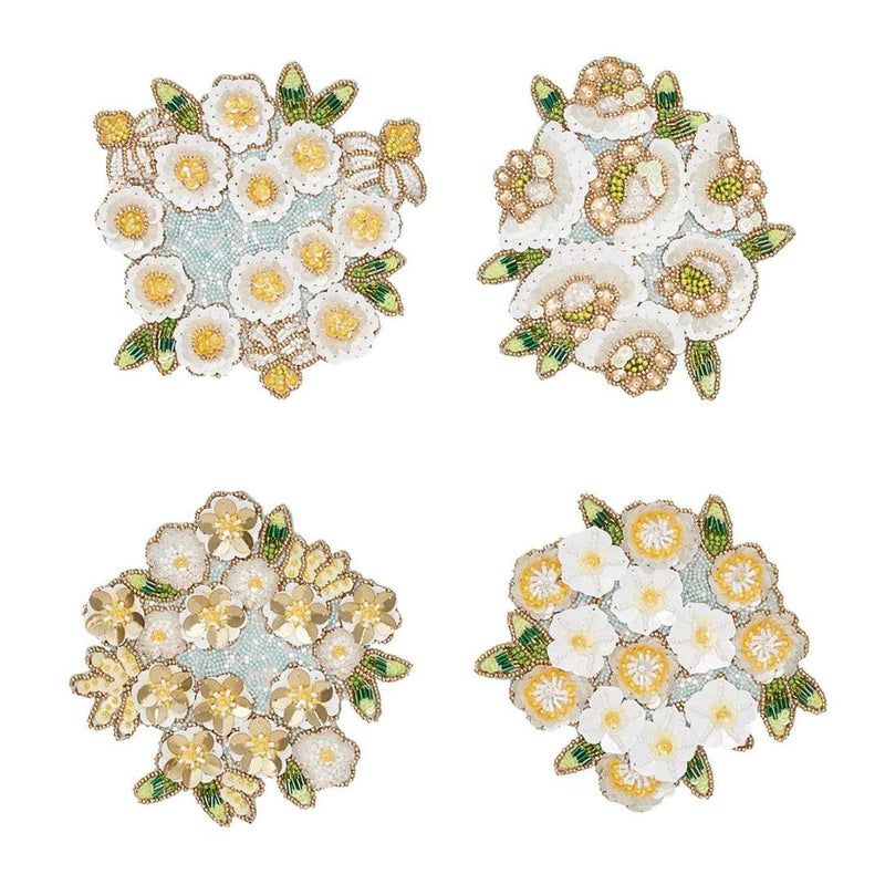 Gardenia coaster set of 4 in sky, white, and yellow by Kim Seybert, floral spring table decor in gift bag
