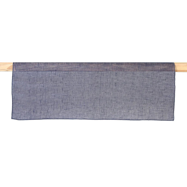 A blue linen table runner with a drawstring hem, displayed on a white background.