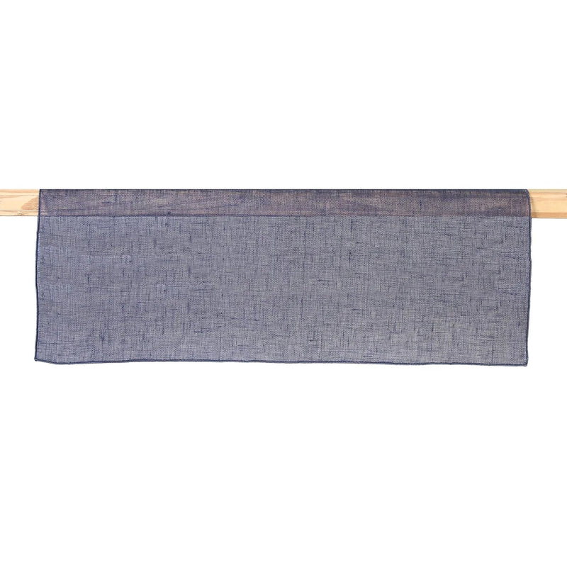 A blue linen table runner with a drawstring hem, displayed on a white background.