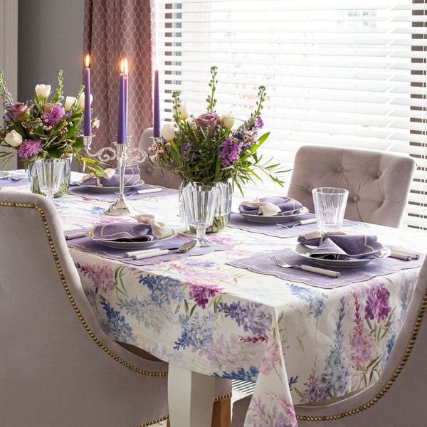 Gillyflower cotton tablecloth by Roseberry Home with vintage floral print styled in a dining room