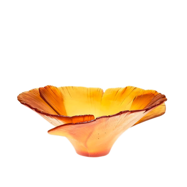 Glass bowl with a scalloped edge and gradient color from yellow to orange on a white background