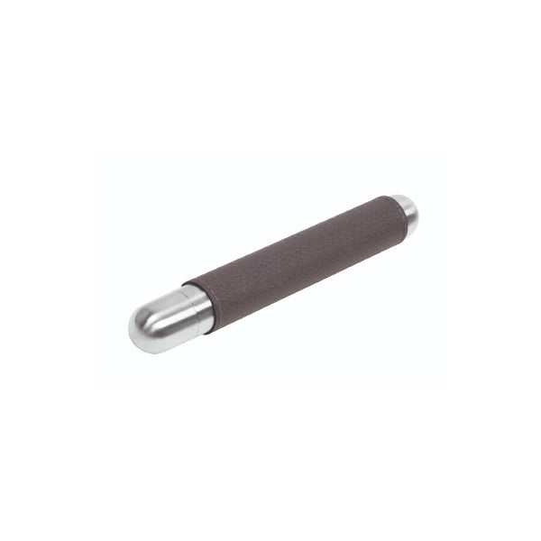 A cylindrical cigar holder with a silver stainless steel tip and a brown leather body, set against a white background.