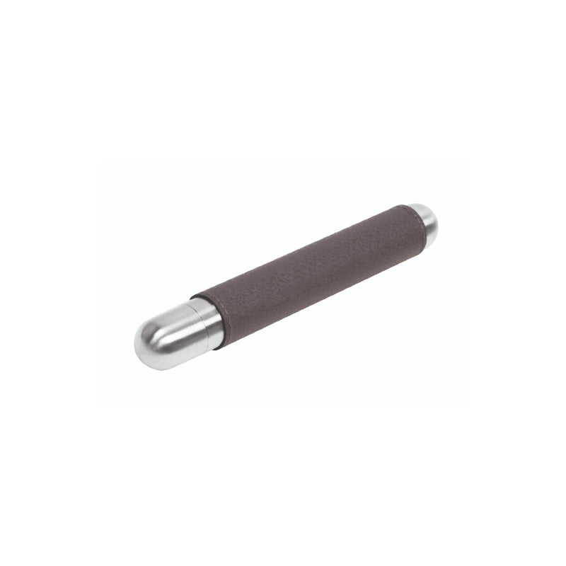 A cylindrical cigar holder with a silver stainless steel tip and a brown leather body, set against a white background.