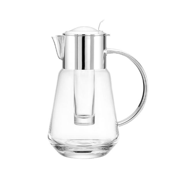 Luxury glass pitcher with silver-plated lid, handle, and ice tube by Greggio – elegant Italian design for refined dining and yacht service.