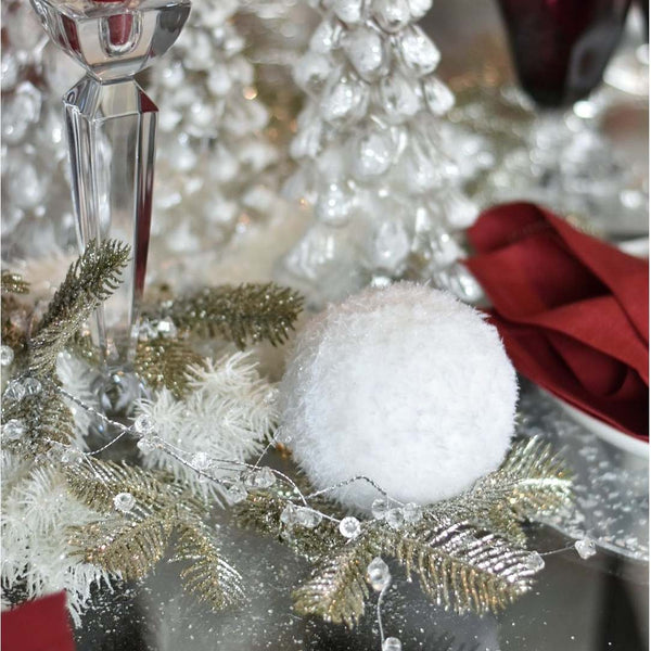 Styled White glitter snowball ornament by Shishi, 12cm, luxury Christmas decoration for tree or table styling.